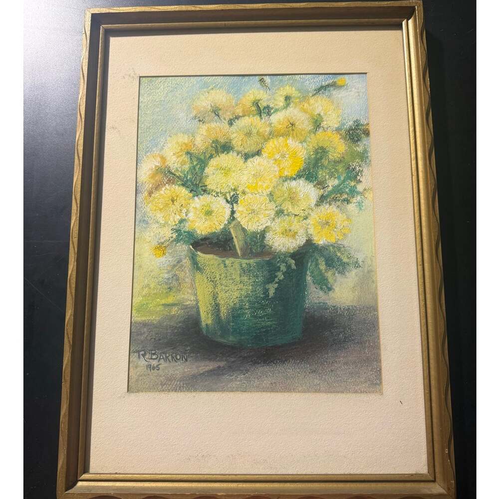 Signed Roger Barron Pastel Still Life Bouquet of Yellow Mums Dated 1965 22x16"